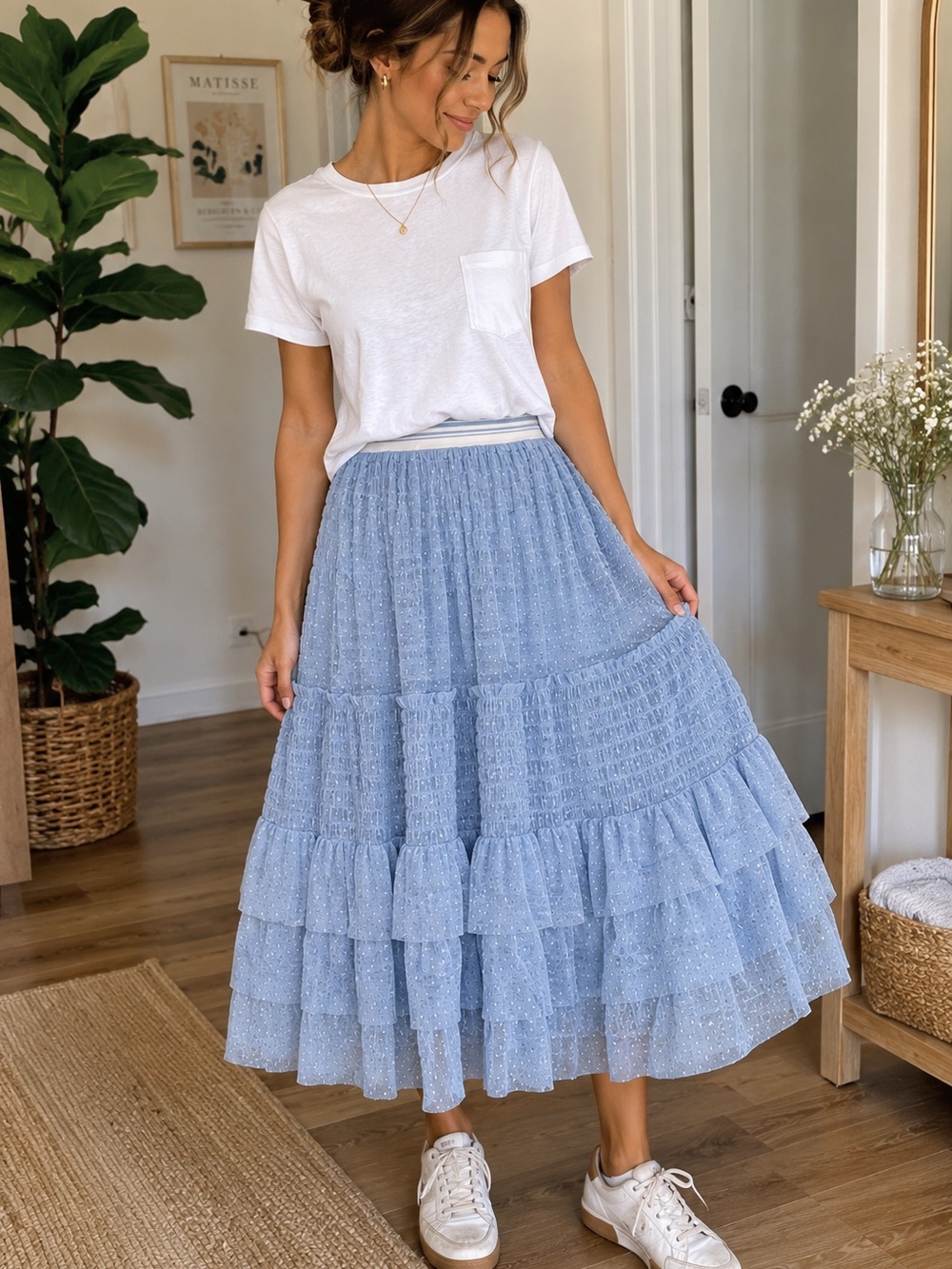 Maeve Anthropologie Blue Swiss Dot Tiered Tulle Midi Skirt XS Balletcore